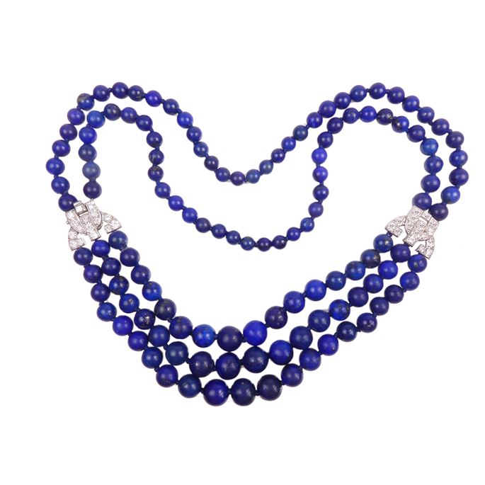   Cartier - Art Deco three and two row lapis lazuli bead and diamond necklace | MasterArt